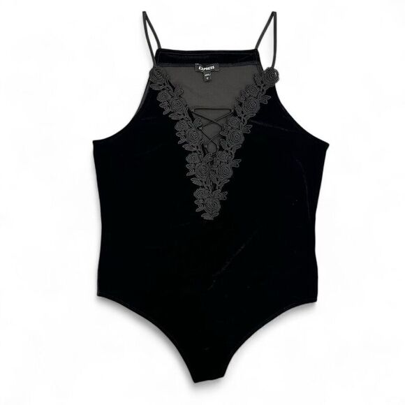 Express Black Velvet Stretchy Lace Up Bodysuit Sz Large Dark Romance Whimsigoth - Picture 3 of 8